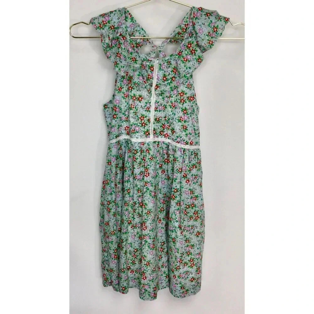 J. Crew Crewcuts Girls Green Multi Floral‎ Ruffle Shoulder A-Line Dress Size 10